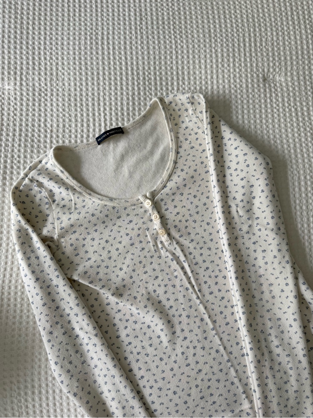Brandy Melville Cream Long Sleeve Henley with Small Blue Floral Print
